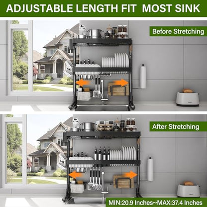 Over Sink Dish Drying Rack, 3-Tier Full Stainless Steel Drainer Dish Rack Adjustable 20.9''-37.4'', Expandable Multifunctional Kitchen Organizer - color: Black, size: 3 Tier with Flat Grid