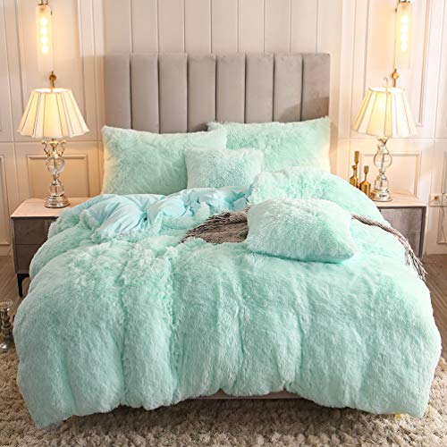 Faux Fur Velvet Fluffy Bedding Duvet Cover Set Down Comforter Quilt Cover with Pillow Shams, Ultra Soft Warm (Queen, Aqua) - color: Aqua, size: Queen