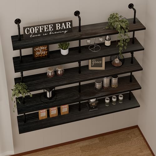 HDDFER Floating Shelves for Wall Bookshelf Industrial Pipe Shelving Shelves 60 Inch 5 Tier Natural Wood Planks Rustic Wall Shelves Hanging Bookshelves Farmhouse Kitchen Shelving - color: Black, size: 5Tier60in