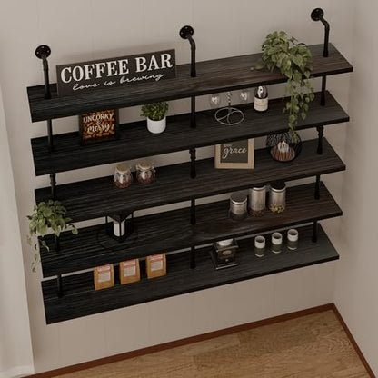 HDDFER Floating Shelves for Wall Bookshelf Industrial Pipe Shelving Shelves 60 Inch 5 Tier Natural Wood Planks Rustic Wall Shelves Hanging Bookshelves Farmhouse Kitchen Shelving - color: Black, size: 5Tier60in