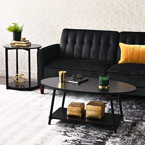 Household Essentials Jamestown Round Side End Table with Storage Shelf, Black Oak Wood Grain and Black Metal Frame - color: Black Oak