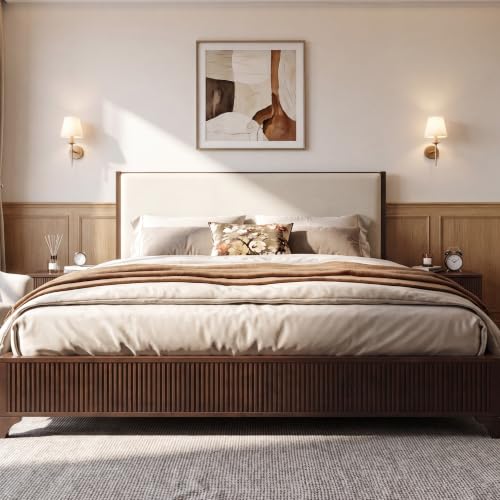 King Size Wood Platform Bed with Fluted Footboard & Fabric Upholstered Headboard, Low Profile Wooden Bed Frame with Wood Slats Support, Dark Walnut,White - color: Dark Walnut,white, size: King