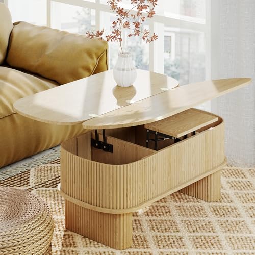 Lift Top Coffee Table with Large Storage,Lifting Converts to Dining Table,Oval Pop Up Coffee Table Fluted Wood Center Table for Living Room,Fully Assembled Space-Saving for Eating&Laptops - color: Oak Wood
