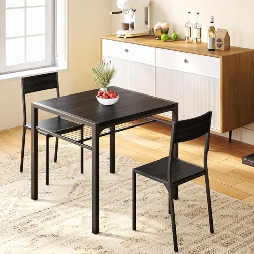Gizoon 3-Piece Dining Table Set for 2, Small Kitchen Table & Chairs Black | Compact black 2-person dining set perfect for apartments. Features under-table storage rack and 2 chairs that tuck away. - color: Black, size: seat for 2