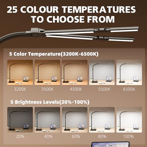 LED Desk Lamp for Home Office - 24W Bright Double Head Desk Light with Clamp Eye Caring Architect Task Light 25 Lighting Modes Adjustable Flexible Gooseneck Lamp (All Black) - color: All Black