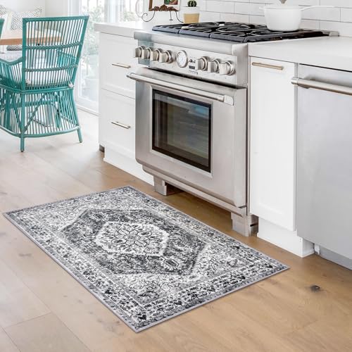 KOZYFLY Small Area Rug 2x3 Ft Rugs for Entryway Washable Entry Rug Non Slip Door Mat Indoor Entrance Printed Faux Wool Vintage Kitchen Rug Throw Rugs for Entrance Kitchen, Grey - color: Grey/Blue, size: 2' x 3' (Rectangular)