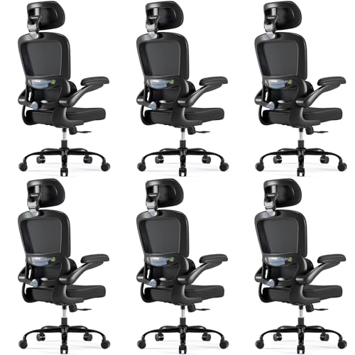 TRALT Ergonomic Office Chair Desk Chair with Adjustable Lumbar Support | Home Office Desk Chairs with Flip-up Armrests & 3D Headrest - Mesh Gaming Chair for Adults, 330lbs, PU Leather (Black, 6) - color: Black, size: Pack of 6