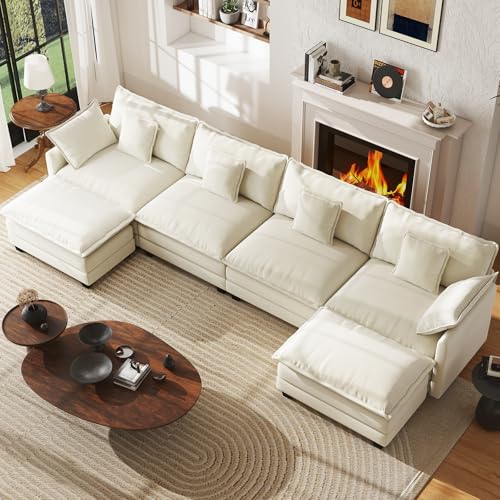 146" Oversized Modular Sectional Sofa, U Shaped Cloud Couch Set, 4-Seater Comfy Chenille Couches with 2 Movable Ottomans, DIY Combination for Living Room (Beige) - color: Beige, size: 146" U Sofa