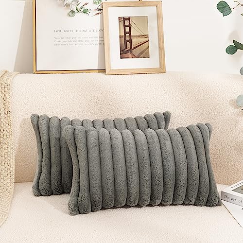 Uhomy 2 Pack Faux Fur Plush Decorative Throw Pillow Covers Fuzzy Striped Soft Pillowcase Cushion Covers for Living Room Sofa Couch Bedroom, 12x20 inch 30x50 Cm, Grey - color: Grey, size: 20" x 12" (Pack of 2)