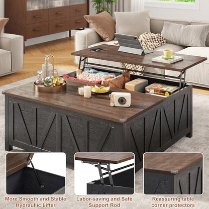 chartustriable 43.3“ Lift Top Coffee Table with Storage, Farmhouse Coffee Table with Large Hidden Storage Compartment and Shelves，Square Center Tables for Living Room, Tea Table Black - color: Black