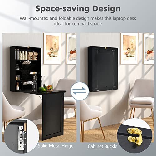 GOFLAME Wall Mounted Folding Desk with 3-Tier Tilt Storage Partition and Adjustable Shelves, Space-Saving Convertible Writing Desk for Home Office, Black - color: Black