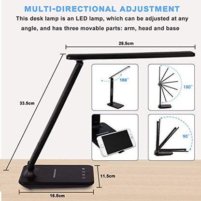 LED Desk Lamp with Wireless Charger, Suitable for Home, Office Dimmable, with USB Charging Port, Built-in Clock, Calendar, Thermometer and Automatic Timing Reading Desk Lamp. - color: Black