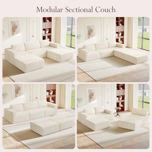 Vesgantti 119" Oversized U-Shaped Modular Sectional Sofa, Corduroy Cloud Couch with Deep Seating & Spring Support, Convertible Sofa with 2 Ottomans, Boneless Couch, No Assembly Required, Beige - color: 119" - 3 Seater & 2 Ottoman Beige