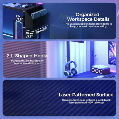 MAHANCRIS Gaming Desk, Computer Desk with Charging Station and LED Light, Small PC Desk with Side Storage Bag and Shelves, 2 Hooks, for Living Room, Home Office, Bedroom Black CDHS134E01