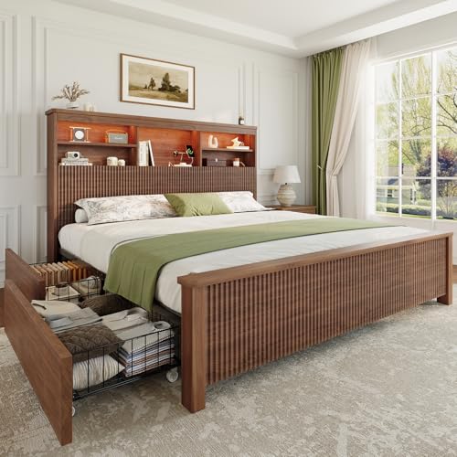 King Size Bed Frame with 4 Storage Drawers, Brown | Metal Platform Bed Frame with Tall Headboard, King Bed Frame with LED Lights&Charging Ports, No Box Spring Needed, Noise-Free - color: Brown, size: King