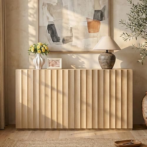 VividVibe Fluted Sideboard Buffet Cabinet with Storage, 62.74" Wide Long Credenza with 4 Integrated Finger Pulls Doors, Modular Large Buffet Table Modern Organic for Entryway Living Room Light Oak - size: 31.31" x 2pcs
