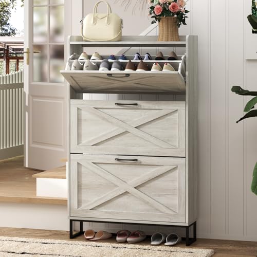 Maupvit Shoe Storage Cabinet with 3 Flip Drawers, Freestanding Organizer with Metal Legs for Entryway, Narrow Shoe Rack Cabinet, Beige - color: Beige, style: 3-Drawers