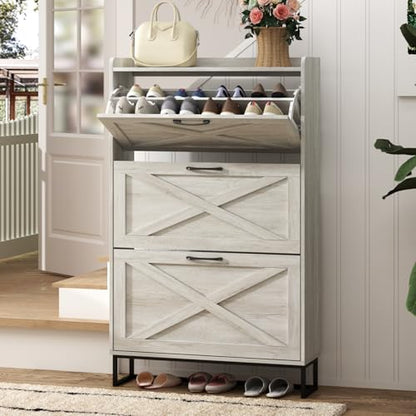 Maupvit Shoe Storage Cabinet with 3 Flip Drawers, Freestanding Organizer with Metal Legs for Entryway, Narrow Shoe Rack Cabinet, Beige - color: Beige, style: 3-Drawers