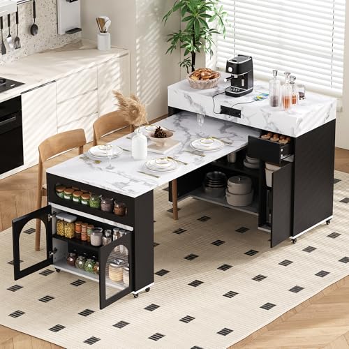 Extendable Dining Table with Extra-Long Folding Top, Rolling Kitchen Island with Storage Cabinet, Drawers & Brake Lock, Sturdy Mobile Cart for Kitchen, Dining Room & Open Spaces (Black2) - color: Black2