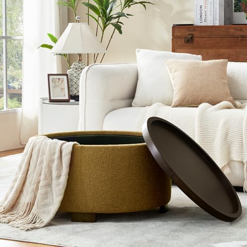 Zihanhome 30 Inch Round Storage Ottoman, Ottoman Coffee Table with Lift Off Lid, Boucle Modern Ottomans with Storage for Living Room, Bedroom, Apartments (Yellow) - color: Yellow