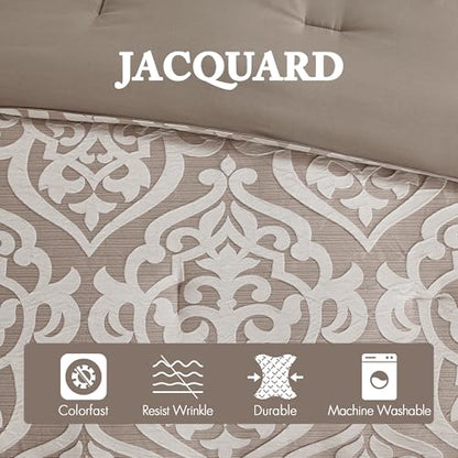 Madison Park Odette Cozy Comforter Set Jacquard Damask Medallion Design - Modern All Season, Down Alternative Bedding, Shams, Decorative Pillows, Queen(90 in x 90 in), Tan 8 Piece | All Season Down Alternative Bedding with Comforter, Shams, Bed Skirt, Dec