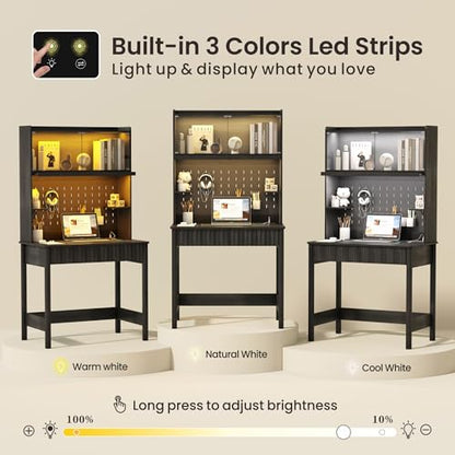 Lvifur 31.5" LED Study Desk with Hutch,Outlets,Reading Lights | Computer Desk with Charging Station,2 Drawer,Compact Writing Desks,Home Office Desks for Bedroom,Black - color: Black