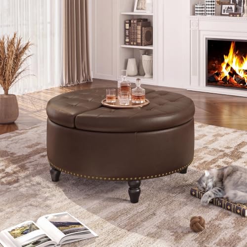 FiveWillowise 30 Inch Large Round Ottoman with Storage Circular,Chocolate | Leather Coffee Table with Lift Top,Modern Upholstered Button Tufted Footrest Stool Solid Wood Legs for Living Room,Bedroom - color: Chocolate