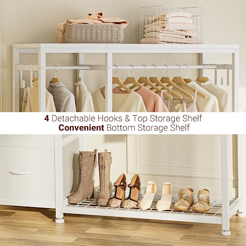 Clothes Rack with 2 Rods, Shelves, Drawers & Hooks, Garment Rack | Clothes rack with 2 hanging rods (50lbs each), 2 shelves, 2 fabric drawers & 4 hooks. 300lb total capacity. Fits small spaces - color: White