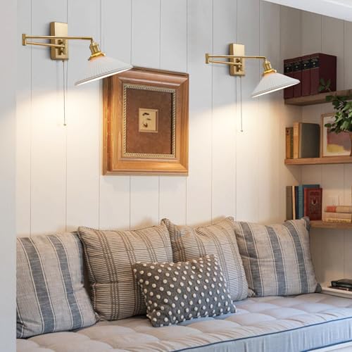Swing Arm Wall Sconce 2-Pack, Brushed Gold Frosted Glass, 17.7" | Pull chain, frosted glass shade, bedside vanity bathroom, mid century wall light - color: A-2Pack