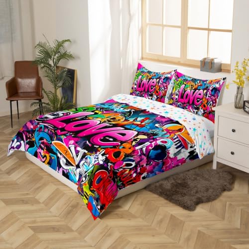 Feelyou Hippie Graffiti Duvet Cover Hip Hop Sports Bedding Set for Kids Boys Teens Rock Music Comforter Cover Set Trippy Abstract Art Quilt Cover with 2 Pillowcases Full Size - color: Multi 1, size: Full