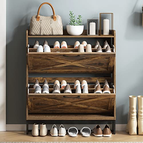 Maupvit Shoe Storage Cabinet with 2 Flip Drawers, Freestanding Shoe Organizer with Metal Legs for Entryway, Narrow Shoe Rack Cabinet, Rustic Brown - color: Rustic Brown, style: 2-Drawers
