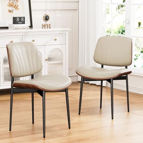 YaFiti Mid Century Dining Chairs Set of 2 with Walnut Bentwood, Greige | Ergonomic Walnut Backrest, Upholstered Waterproof PU Leather Seat, Stable Metal Legs, Adjustable Footpads, Apartment Friendly - color: Greige Scallop