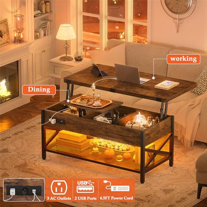 Aheaplus Coffee Table Lift Top with LED Light and Power Outlet, Multi-Function Coffee Table Converts to Dining Table, Center Table with Shelves for Living Room Reception Home Office, Rustic Brown - color: Rustic Brown