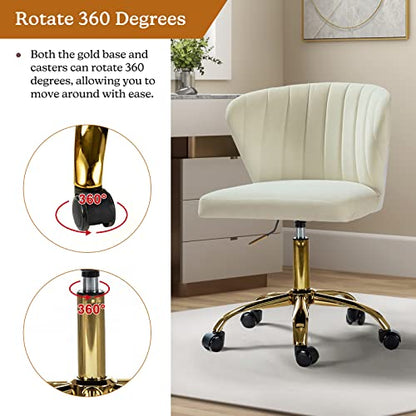 TINA'S HOME Office Desk Chairs with Wheels & Gold Base, Modern Velvet Cute Armless Office Chair, Adjustable Low Back Swivel Rolling Chair, Upholstered Task Chair for Living Room Vanity Study-Ivory | Modern Velvet Cute Armless Office Chair, Adjustable Low