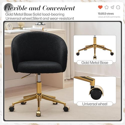 Faux Fur Makeup Vanity Chair,Home Office Desk Chair with Wheels, Blue | Fluffy Swivel Modern Armchair Upholstered Fuzzy Height Adjustable for Teens Women Girls Elegant for Living Room Bedroom - color: Round Black+golden Base