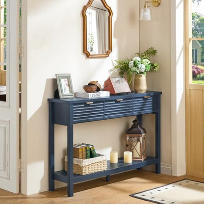 LEYAOYAO 47.2" Fluted Console Table with 3 Drawers, Blue Entryway Table | Modern Wood 2 Tier Entry Table, with Open Storage Shelf, Farmhouse Sofa Table Behind Couch, for Living Room, Hallway, Foyer - color: Dark Navy Blue