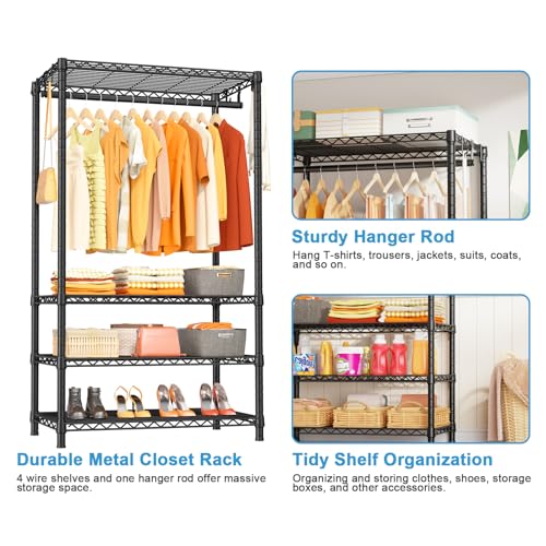 H4 Portable Closets, 4-Tier Metal Clothes Garment Rack for Bedroom and Cloakroom, Clothing Closet Storage and Organizer Wardrobe, 35.4" W x 14" D x 76.4" H, Black | Black Freestanding Clothing Closet Storage and Organizer Wardrobe for Apartment and Cloakr