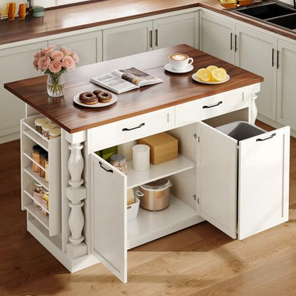 Kitchen Island with Drop Leaf, 47.6" Kitchen Island with Storage | with Power Outlet & Trash Bin Rolling Kitchen Cart with Spice Rack Island Table for Kitchen Breakfast Home Bar, Antique White