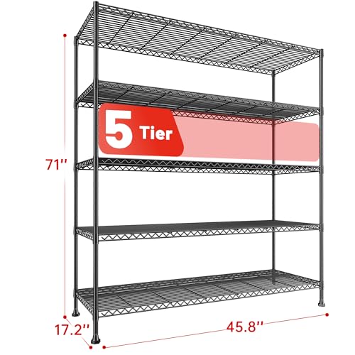 REIBII 5-Tier Storage Shelves, Space Saving&1000LBS Heavy Duty for Garage | Powder Coated Waterproof, Tool-Free, 45.8" W Freestanding Shelving, Rust-resistant Storage Shelves, Anti-Tipping, Adjustable - size: 5 Tier, 45.8" W x 71" H x 17.2" D