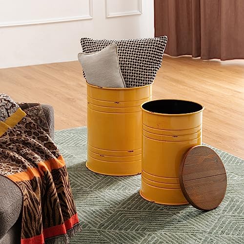 Glitzhome Rustic End Table Set of 2, Farmhouse Galvanized Metal Barrel Ottoman Storage Stool with Round Wood Lid for Living Room Furniture, Yellow - color: Yellow