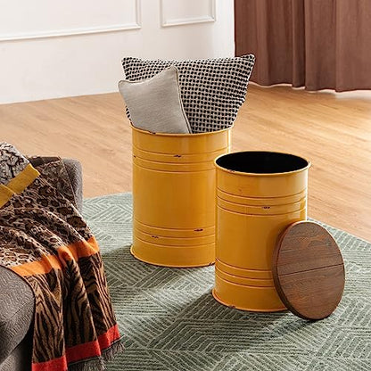 Glitzhome Rustic End Table Set of 2, Farmhouse Galvanized Metal Barrel Ottoman Storage Stool with Round Wood Lid for Living Room Furniture, Yellow - color: Yellow