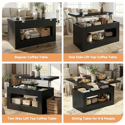 UNIQUITE 40" Lift Top Coffee Table, 4 in 1 Multi-Function Lift Coffee Tables with Storage and Hidden Compartment, Convertible Wood Coffee Tables to Dining Table for Living Room, Black - color: Black
