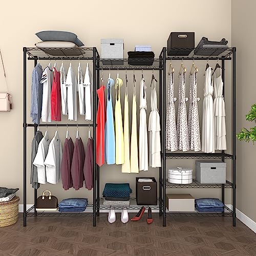 Heavy Duty Garment Rack,Freestanding Clothing Rack with 4 Hang Rods & 8 Shelves,Adjustable Closet Racks,68.5" L x 13.8" W x 75.2" H, Max Load 800LBS, Black