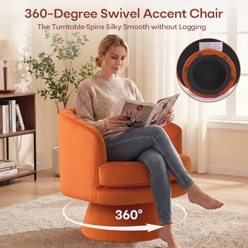 Swivel Accent Chair with Armrest, Modern 360 Degree Swivel Barrel Chair with Curve Back and Soft Cushion, Comfy Velvet Round Armchair Single Sofa for Living Room, Bedroom, Orange - color: Orange