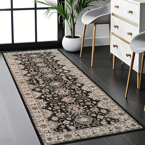 Washable Hallway Runner Rug 2x5: Non Slip Runner Rugs with Rubber Backing | Soft Kitchen Rug Farmhouse Distressed Carpet Runner for Living Room Bedroom Bathroom - Black Throw Rug Stain-Resistant Thin - color: Black, size: 2' x 5' (Rectangular)