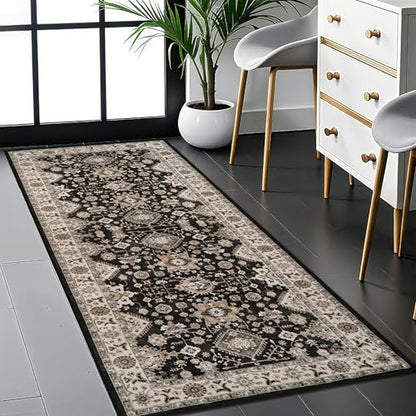 Washable Hallway Runner Rug 2x5: Non Slip Runner Rugs with Rubber Backing | Soft Kitchen Rug Farmhouse Distressed Carpet Runner for Living Room Bedroom Bathroom - Black Throw Rug Stain-Resistant Thin - color: Black, size: 2' x 5' (Rectangular)