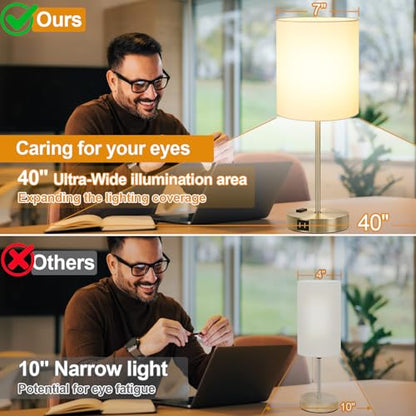 Lynnoland Set of 2 Touch Control Table Lamps with 2 USB & AC Outlet, 3-Way Dimmable Bedside Nightstand Lamps for Bedroom Living Room Nursery, 800 Lumens 3000K Warmlight Bulbs Included - color: (2 Pack)White & Brass(Base)-3000K Bulbs Included