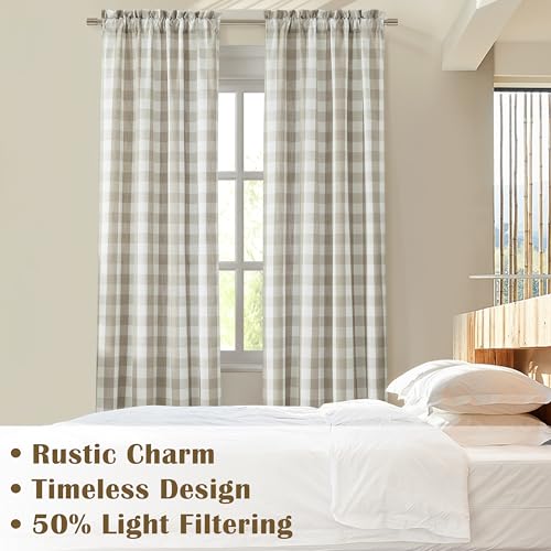 Beige White Buffalo Plaid Semi Sheer Curtains 84 Inches Long | Natural Buffalo Check Pattern Drapes,Neutral Farmhouse Window Treatment Bedroom Living Room,Rod Pocket,52"Wx84"L(Pack of 2) - color: Beige/White, size: 52"W x 84"L (Pack of 2)