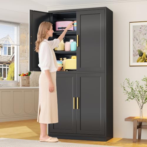 CJF Kitchen Pantry Cabinet,71 Inch Tall Metal Storage Cabinet with 4 Adjustable Shelves and 4 Doors, Freestanding Pantry Cabinet for Kitchen, Living Room, Dining Room, Bathroom (Black) - color: Black, size: 71"Hx 28"Wx 14"D-4Doors