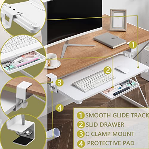 ETHU Keyboard Tray Under Desk, 26.77" X 11.81" Large Size Keyboard Tray with C Clamp-on Mount Easy to Install, Computer Keyboard Stand, Ergonomic Keyboard Tray for Home and Office(White) - color: White
